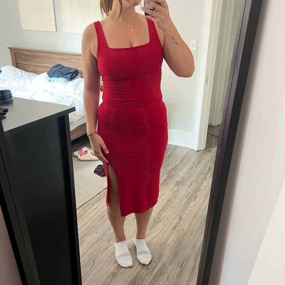 Ambiance Red Midi Dress with Side Slit